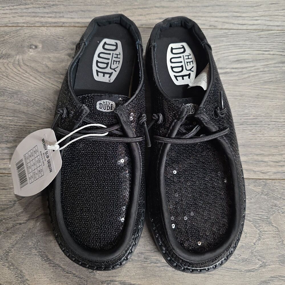 NWT - HEY DUDE Wendy Slip Sequin Black - Size 7